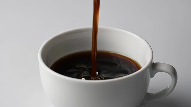A close-up shot depicts coffee being poured into a white ceramic cup against a softly blurred, neutral background, highlighting the rich color and texture of the liquid.