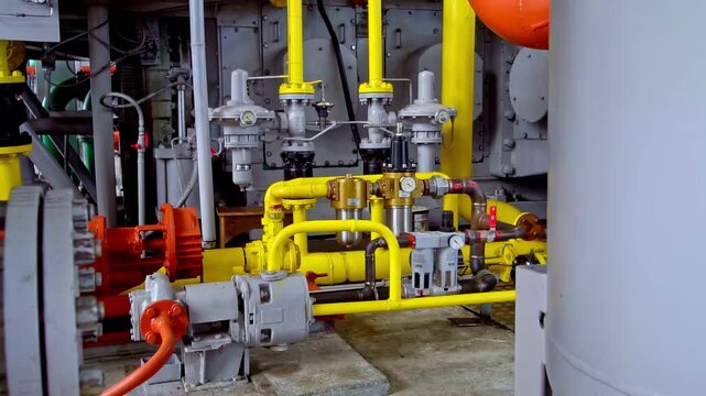 Complex industrial equipment with yellow pipelines, valves, and pressure gauges in a factory