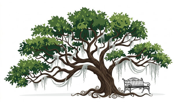 Majestic old oak tree with Spanish moss and wooden bench peaceful park vector illustration