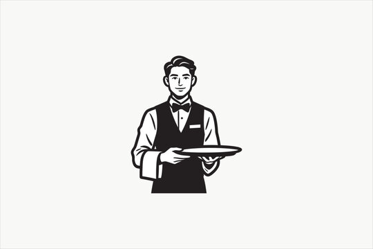 Professional waiter holding serving tray vector illustration, elegant restaurant staff character isolated on clean background for hospitality and service themes. Vector illustration.