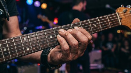 Obraz premium Guitarist's Hand on Fretboard: Performing Live