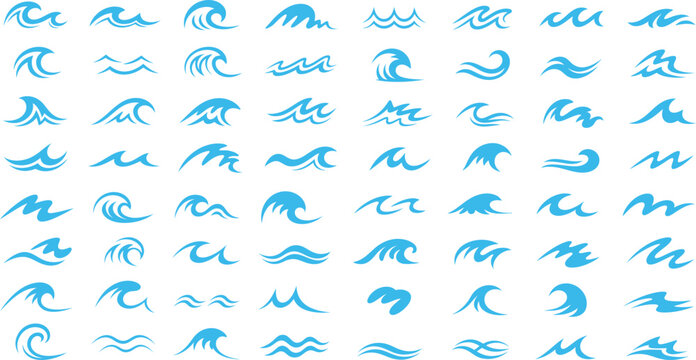 Blue water sea waves elements vector set. Ocean ripple, splash, tide and surf hand drawn curves.