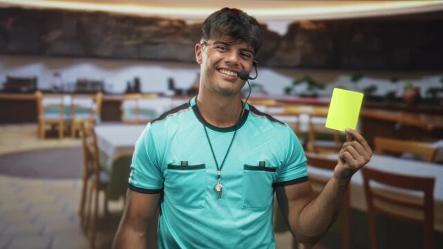 Young referee man holding yellow card with hand, whistle and headset visible in a building dining room; authority judgment.