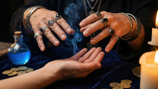 A mysterious fortune teller performing a spiritual palm reading with magical smoke and candles.