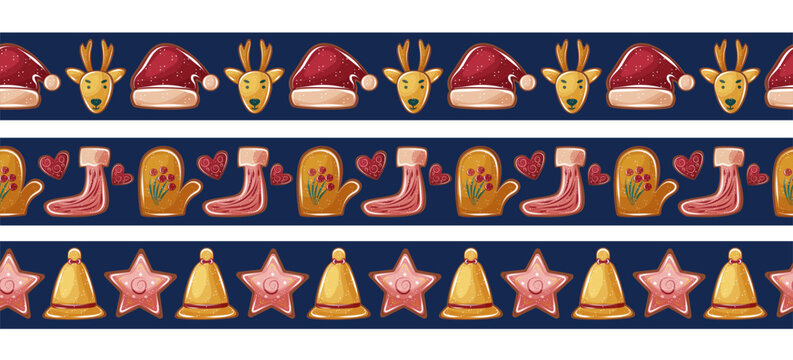 Festive Christmas border set with gingerbread cookies in forms Santa hat, mitten, stocking, bell, reindeer. Winter frame ideal for holiday invitation and seasonal packaging.