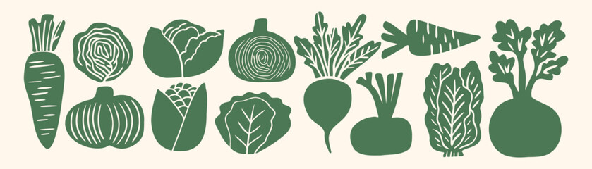 Linocut style green vegetable silhouette set — carrot, pumpkin, beet, corn, lettuce, chard and radish icons in rustic woodcut stamp illustration design © Maria Petrish