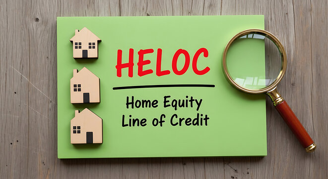 Green heloc sign with houses and magnifying glass on wood home equity line