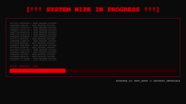 Cybersecurity Screen Displaying System Wipe In Progress Warning Banner and Total Data Deletion Sequence Log Tracker with Loading Status Bar.