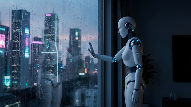 A humanoid robot stands by a rain-streaked window, looking out at the neon-lit skyscrapers of a futuristic cyberpunk city, lost in thoughtful contemplation