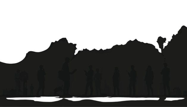 Group of diverse people standing together in a silhouette formation suggests a collaborative team or community gathering against a rugged mountain backdrop during a bright outdoor excursion.