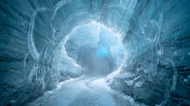 Breathtaking Interior View of a Glacial Ice Cave Tunnel with Glowing Blue Crystalline Formations