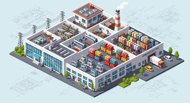 Industrial factory with colorful containers.
