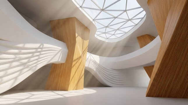 Modern parametric architectural interior with wood and white curved walls and skylight