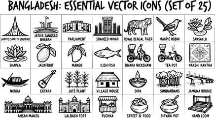 Bangladesh Essential Vector Icons Set: Culture, Symbols, Landmarks, Nature, Food, Transport - Black and White Line Art © victoria