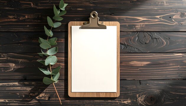 Blank paper on wooden clipboard with eucalyptus branch on dark wood background