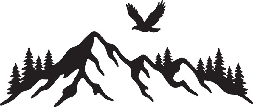 Mountain range silhouette, eagle flying, pine trees, landscape vector icon