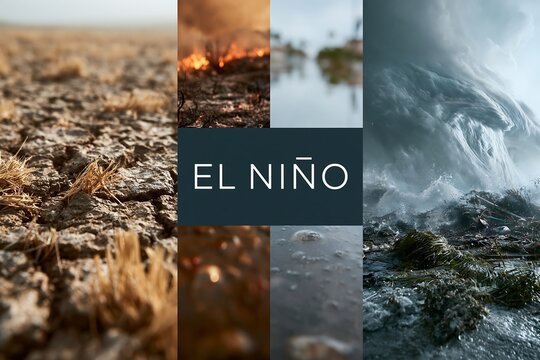 El Nino climate collage featuring drought, wildfire, flooding and hurricane imagery, environmental background for weather forecasts, scientific reports and educational use