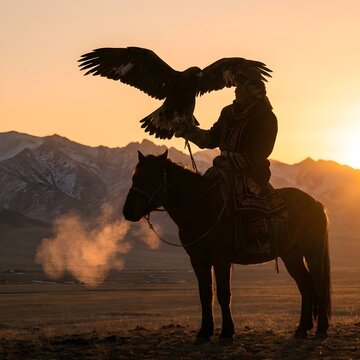 Mongolian eagle hunter on horseback at sunset with golden eagle