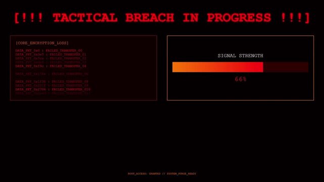 Tactical Breach In Progress Screen Displaying Core Encryption Loss Alerts And Signal Strength Progression Tracker Terminal Interface.