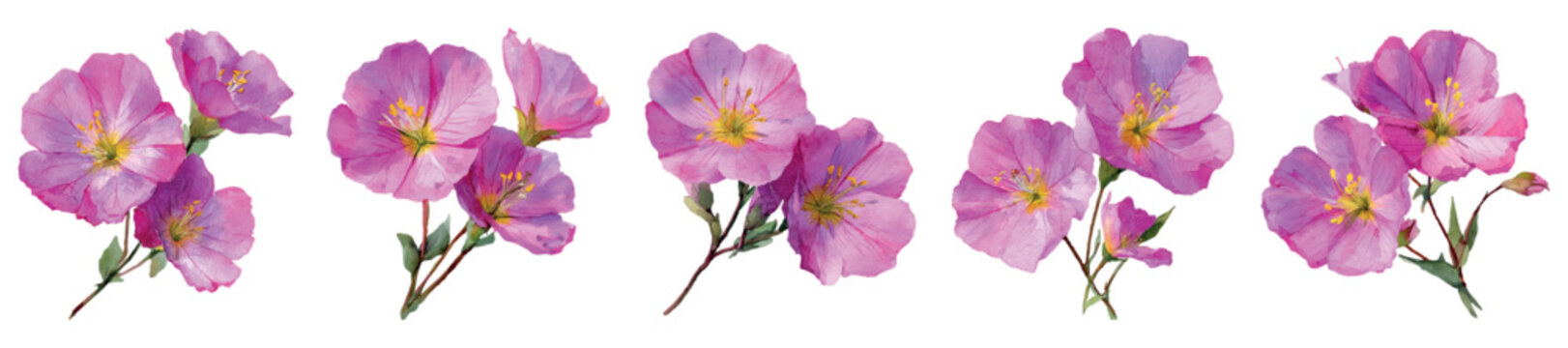 Pink prairie evening primrose flowers with yellow centers and green stems showcase a delicate botanical watercolor illustration style, ideal for design elements