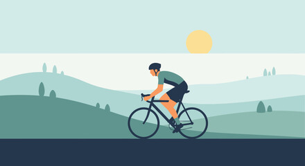 Obraz premium Cyclist Riding Bicycle on Road with Mountain Landscape and Sun