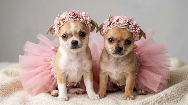Cute Chihuahua puppies wearing matching pink tutu dresses and flower crowns sitting together on a blanket at studio shot