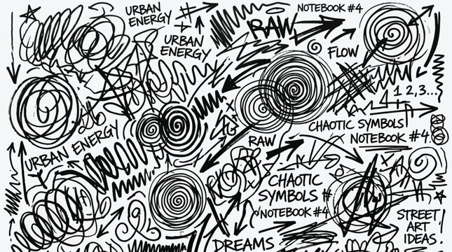 Hand drawn abstract chaotic scribbles, spirals and arrows pattern