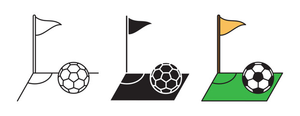 Vector collection of football corner kick icons featuring ball and flag. Includes line art with editable stroke, solid silhouette, and flat color styles for sports design. © Tetiana