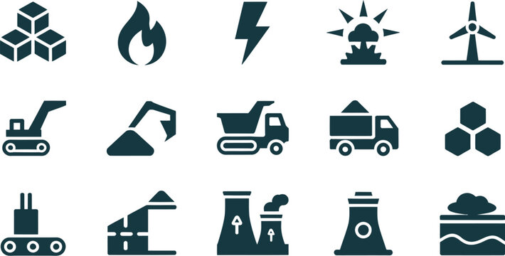 Coal mining, industry icons vector, gray symbols featuring bucket wheel excavator haul truck mine carts and power plant for energy and industrial design.