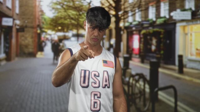Young man in white usa basketball uniform number 6 points finger toward camera on street in urban shopping district; confidence determination.