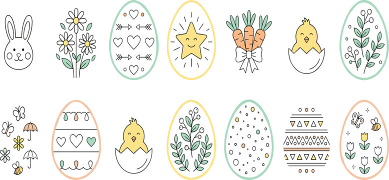 Cute Easter Doodle Icon Collection Featuring Bunny Faces, Decorative Eggs, Spring Flowers, Chicks, and Hand Drawn Holiday Vector Elements
