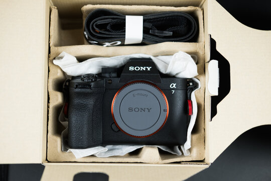 Bangkok, Thailand - May 20, 2026 : Sony A7 V full-frame hybrid camera in packing made from recyclable non-plastic packaging materials.