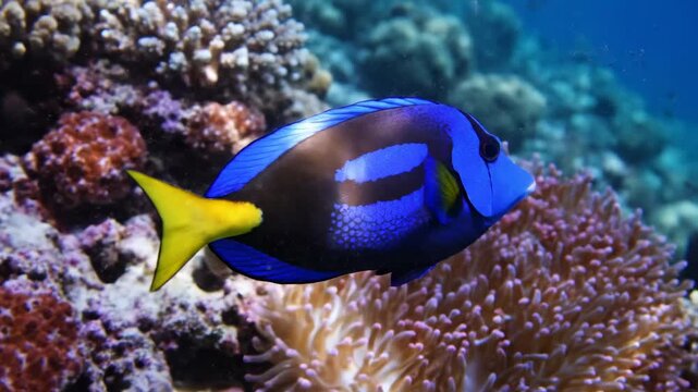 A vibrantly colored blue tang swims gracefully amidst a diverse and flourishing coral reef ecosystem teeming with marine life, showcasing the dazzling beauty of the underwater ocean world