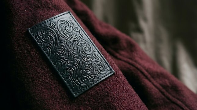 Close-up of decorative embossed black leather patch with floral pattern stitched on burgundy wool fabric