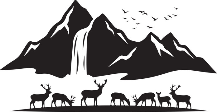 Black silhouette mountain landscape, deer herd, waterfall, vector illustration, nature scene, wildlife icons