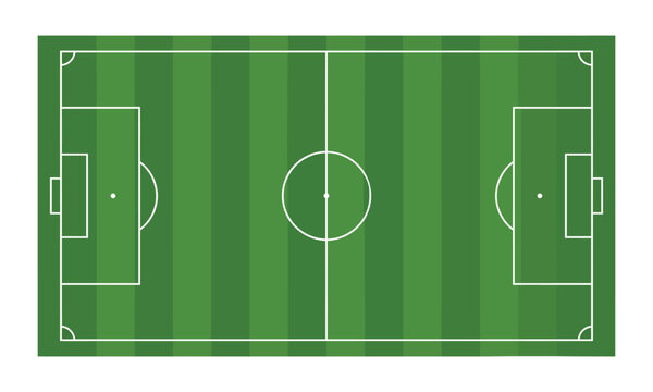 A top down view of a striped green soccer field with white markings showing a standard stadium pitch layout for football matches.