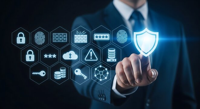 Business professional interacting with digital cybersecurity interface icons