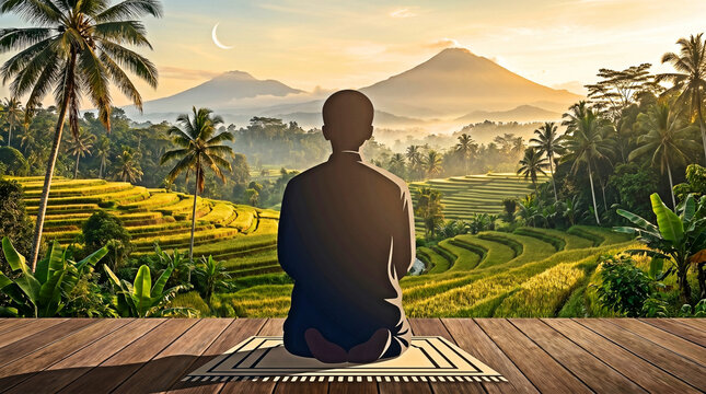Muslim Man Praying at Sunrise Over Tropical Rice Terraces