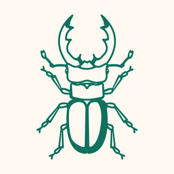 Beetle with horns. Stylized horned beetle line art illustration, insect outline icon for packaging, branding and natural design