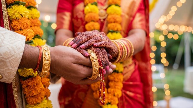 Hands close-up with rakh bracelet. Traditional Indian decoration, gift, amulet. Rakha. Raksha Bandhan. Religious holiday of Hindus. Celebration