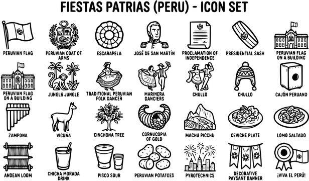 Peru Fiestas Patrias Icon Set: Line Art Illustrations of Culture, Food, and Symbols