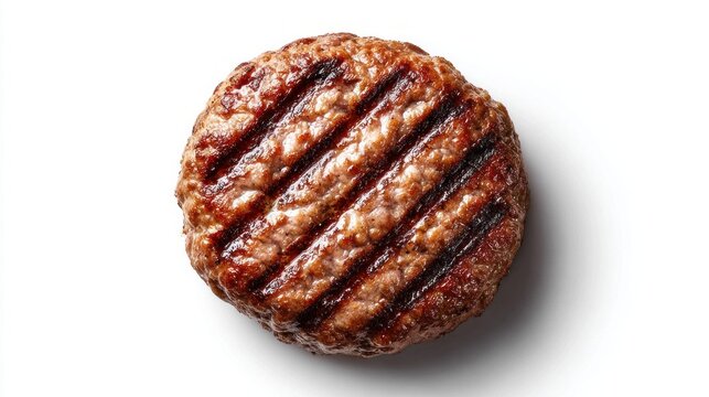 Juicy grilled beef burger patty with distinct grill marks on a white background