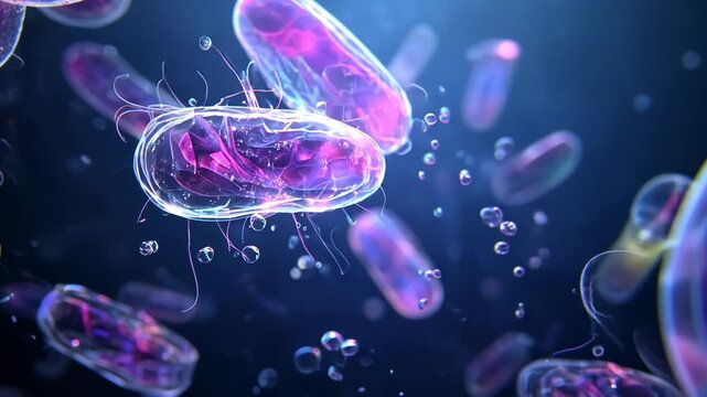 Abstract Colorful Microorganisms Floating in a Dark Background