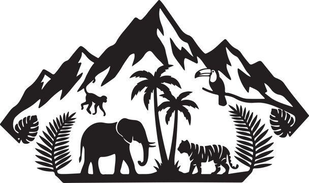 Tropical jungle animals, mountain landscape, black silhouette icons, vector wildlife set