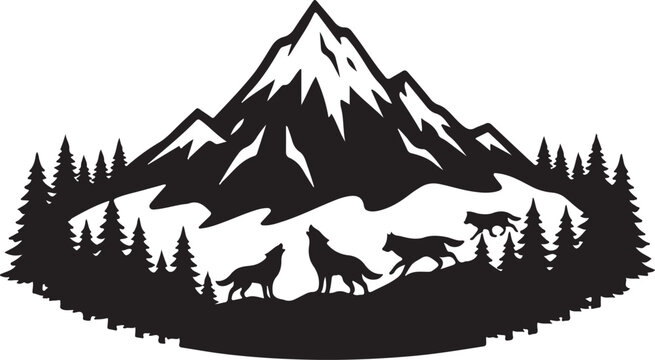 Black silhouette mountain landscape, wolf pack, pine trees, vector icon, wilderness scene, outdoor adventure