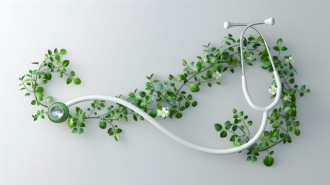 Eco medicine concept with stethoscope and growing green leaves