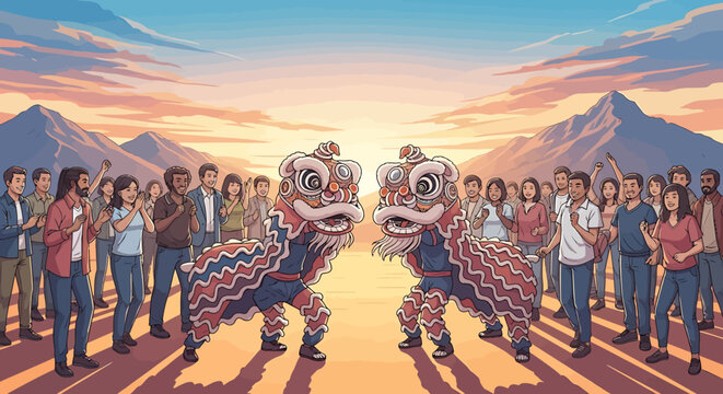 Lion dance performance with colorful costumes.