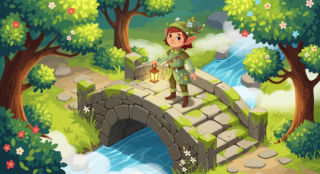 Little girl crossing small stone bridge.