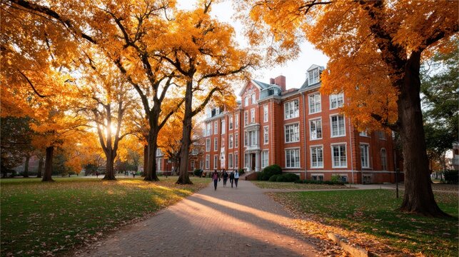 Students walk on campus path lined with vibrant autumn trees and historic brick building