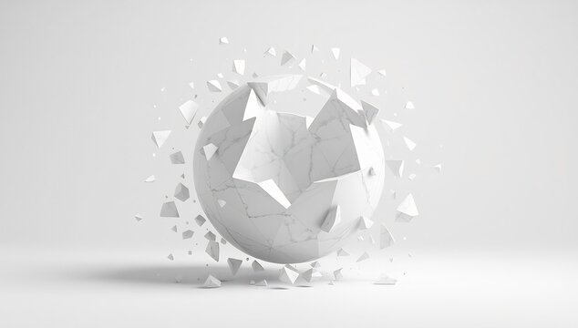 Abstract White Sphere Exploding into Fragments on a White Background.